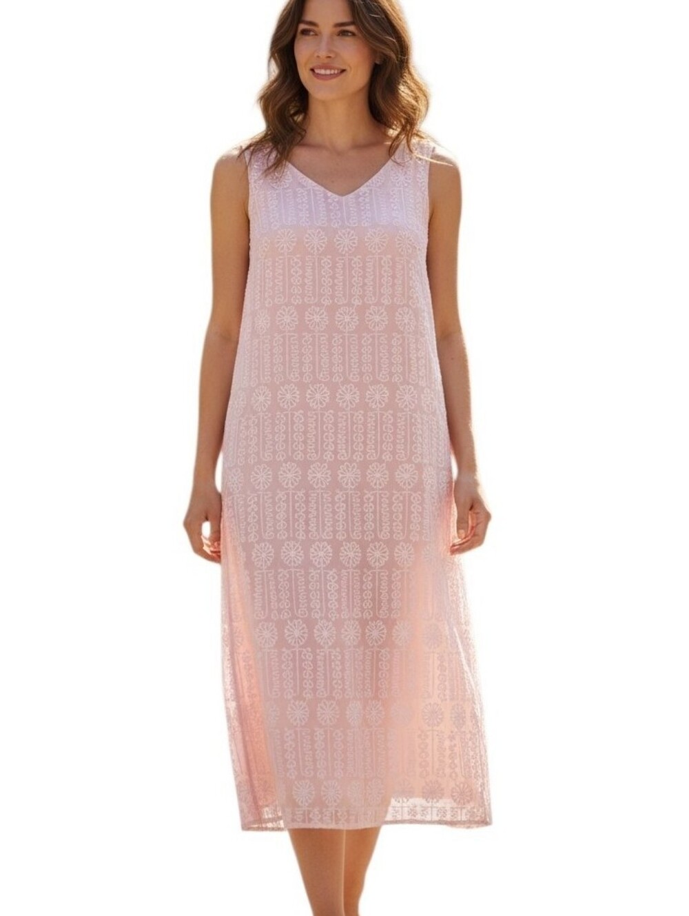 NWT Finity Naturals Sleeveless Pink Silk Lace Midi Dress M Classic Summer Beach